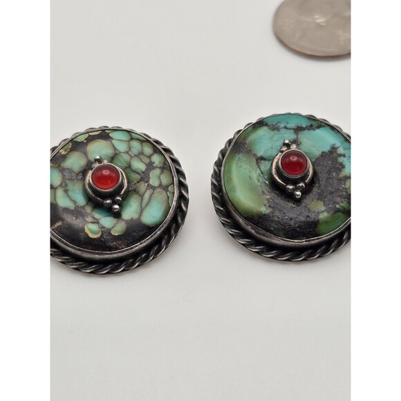 Tom & Jenny Schlecht Sterling EarringsSpiderweb Turquoise & Carnelian1.5"